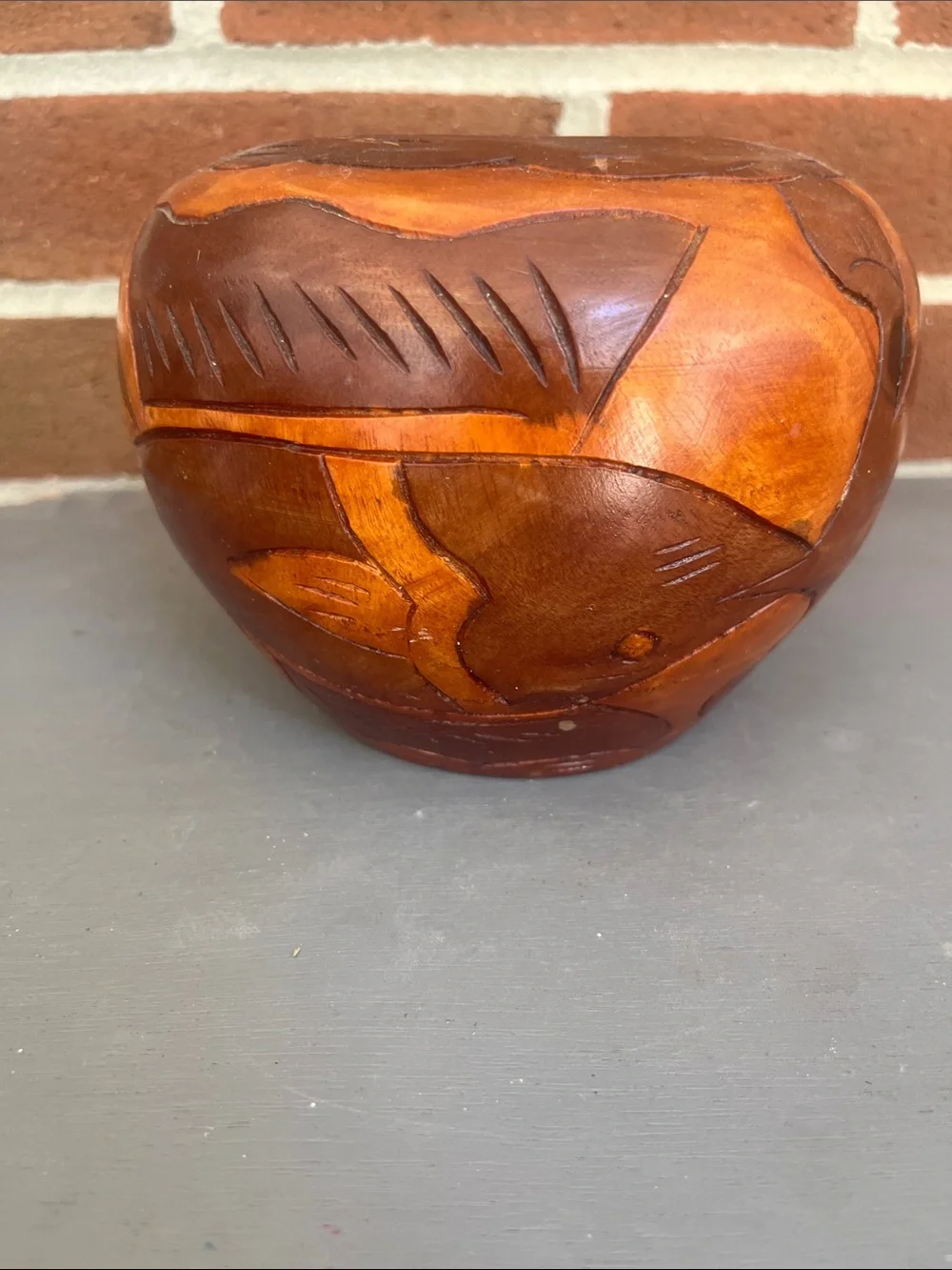 Vintage Hand-Carved Turned Wood Bowl Warm Brown Finish with Fish & Floral Design